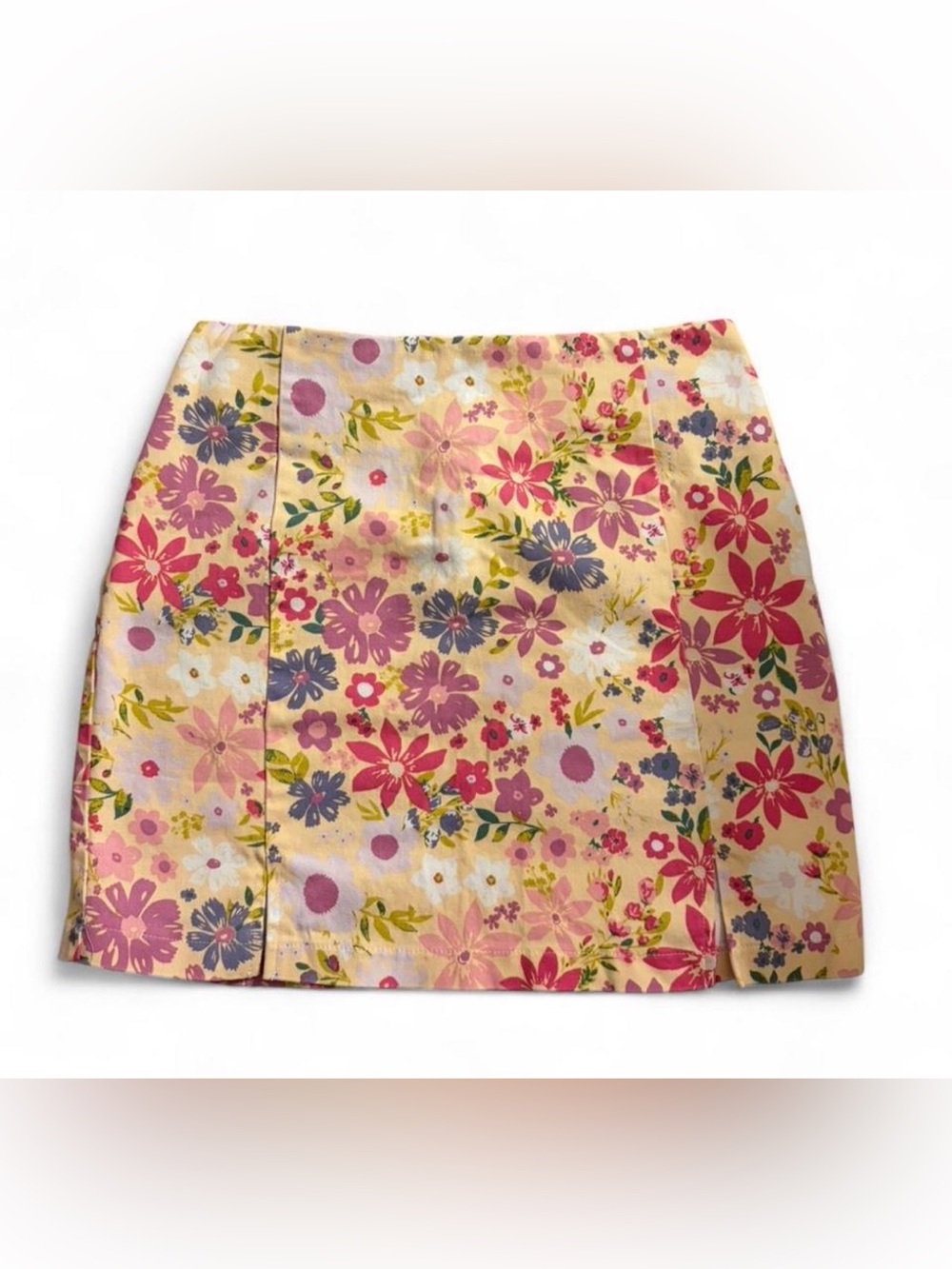 love on a hanger Yellow Floral Mini Skirt with Pink and Purple Blooms